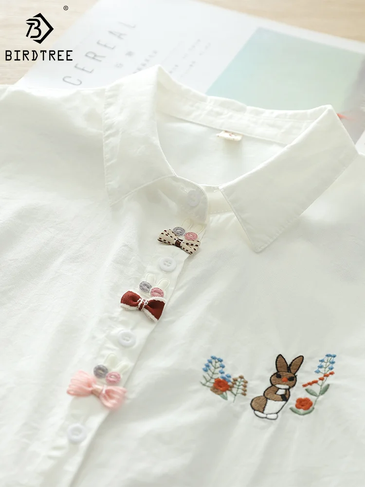 New Spring Cotton Cardigan Shirt Women Lapel Bow Loose Tops Girl Long Sleeve Cartoon Embroidery Blouses 2024 Autumn T42950QM