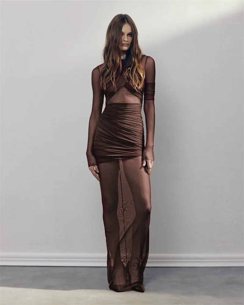 

Sexy Sheer Brown Prom Dress See Through Full Sleeve Ruffles Sheath Party Gown Casual Holiday Beach Hot Girl Formal Birthday Robe