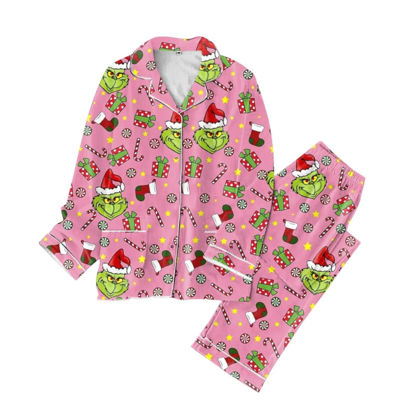 Conjunto de camisa y pantalones con botones de manga larga y estampado en forma de corazón de satén rojo para mujer Conjunto de pijama informal