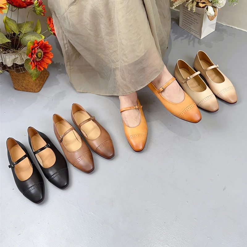 

Retro girl Fashion cowhide soft flat ballet shoes casual walking leather women's shoes inner sheepskin Mary Jane Shoes