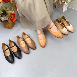 Retro girl Fashion cowhide soft flat ballet shoes casual walking leather women's shoes inner sheepskin Mary Jane Shoes