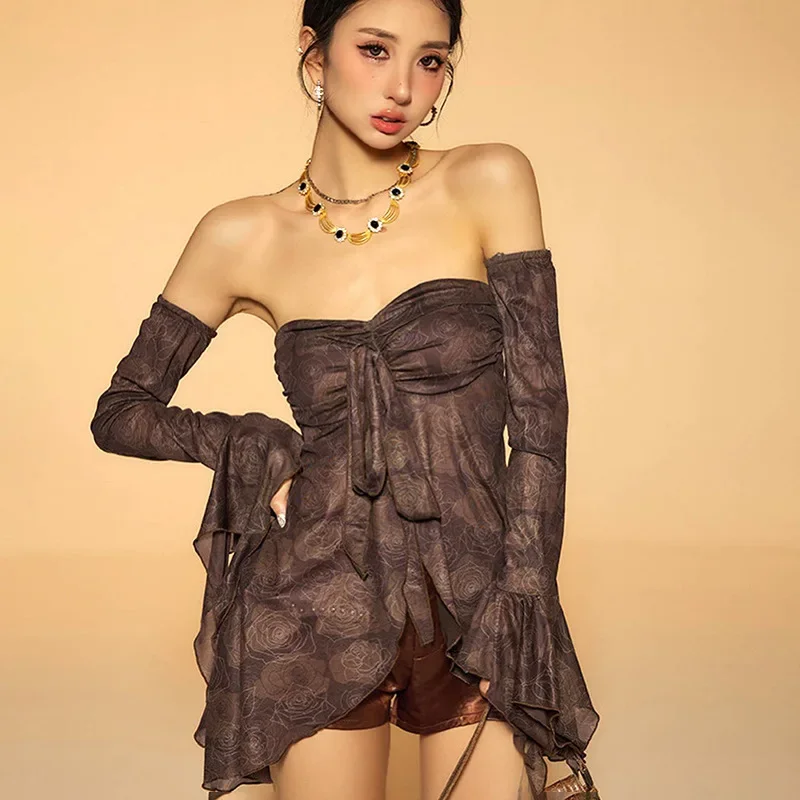 American fashion irregular gauze printing design can be removed sleeve chest top women's summer new style