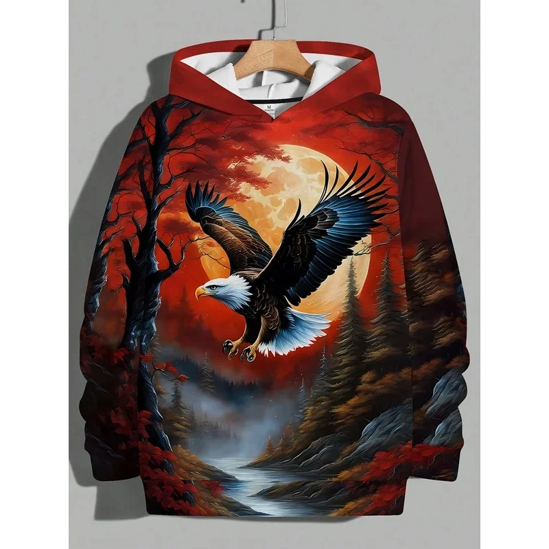 3D Full Print Eagle Hoodie Men Bald Eagle Red Moon Forest Wilderness Scenery Drawstring Loose Casual Hooded Sweat Top