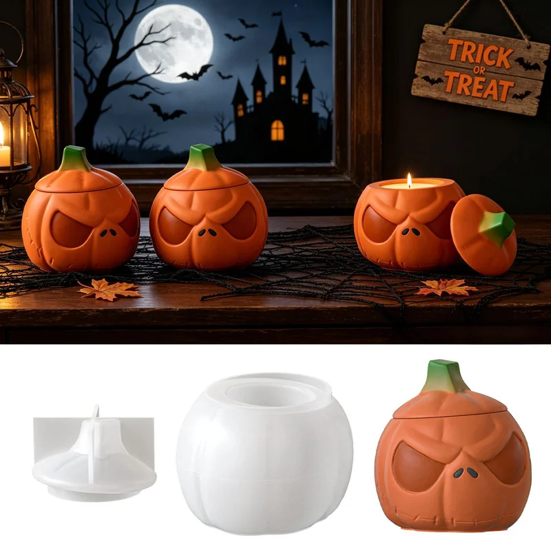 2Set of pumpkin storage jars with lids, silicone molds, ghost face pumpkin candle cup molds