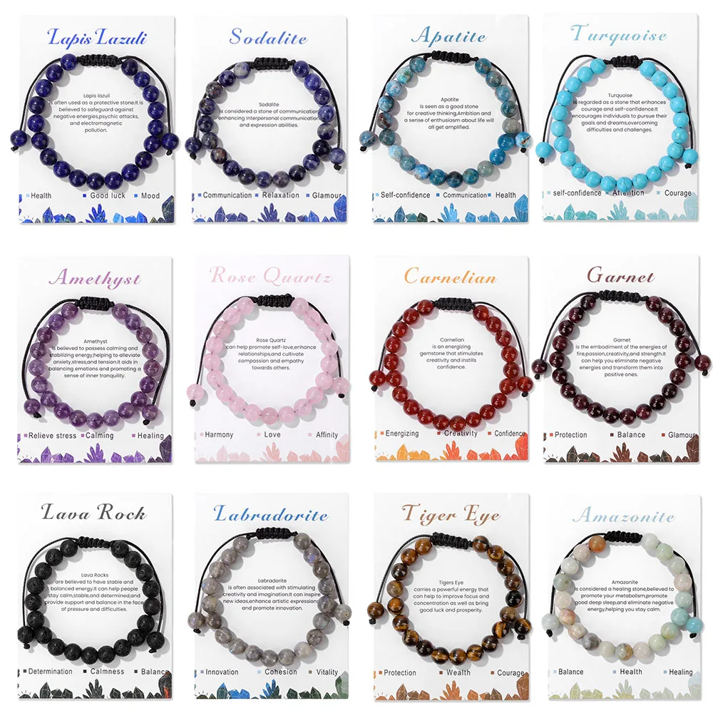 8mm Amethysts Beads Bracelet Adjustable Cord Natural Stone Braided Bracelet With Meaning Message Card Bangles Reiki Yoga Jewelry