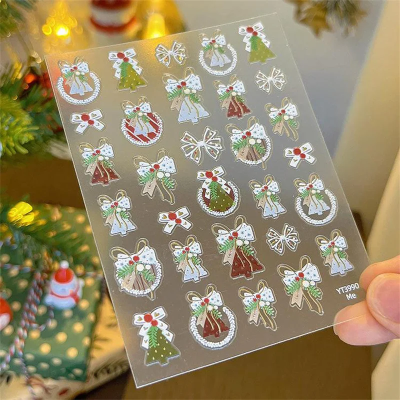 Pequeño y fresco árbol de Navidad, cinta con lazo, pegatinas para uñas en relieve 5D, bonitas calcomanías para uñas, regalos de decoración para manicura navideña DIY