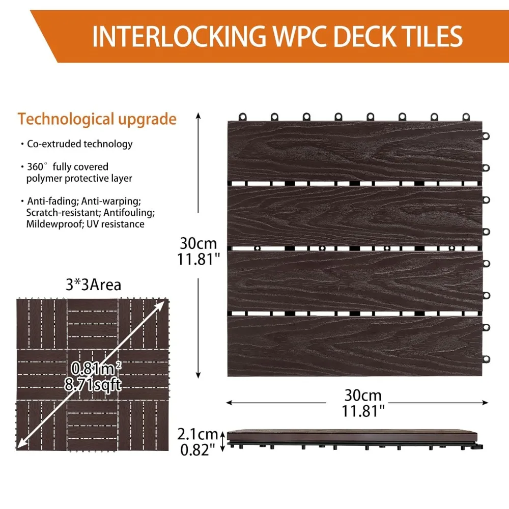 

12x12 взаимосвязанная композитная палубная плитка, водонепроницаемая и противоскользящая для патио, бассейна, балкона (18 шт., кофейная)