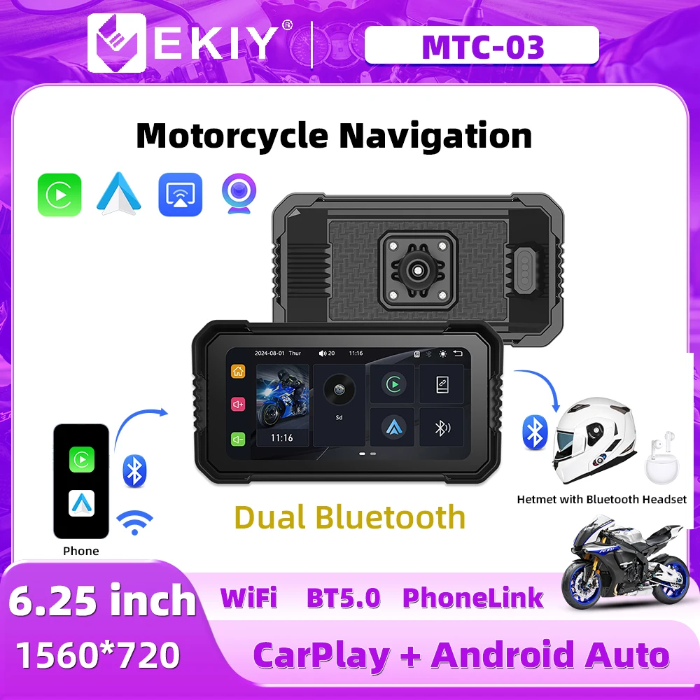 EKIY Motorcycle GPS 6.25 inch WiFi MOTO Navigation Accessories Waterproof Carplay Display Screen Portable Android Auto