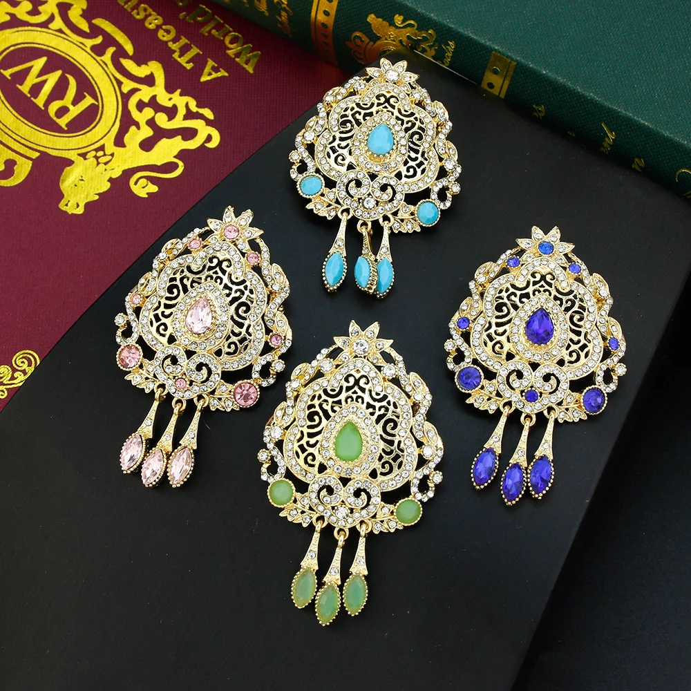 Sunspicems Morocco Gold Color Caftan Brooch for Women Turkish Wedding Dress Jewelry Arabic Full Crystal Hijab Lapel Flower Pins