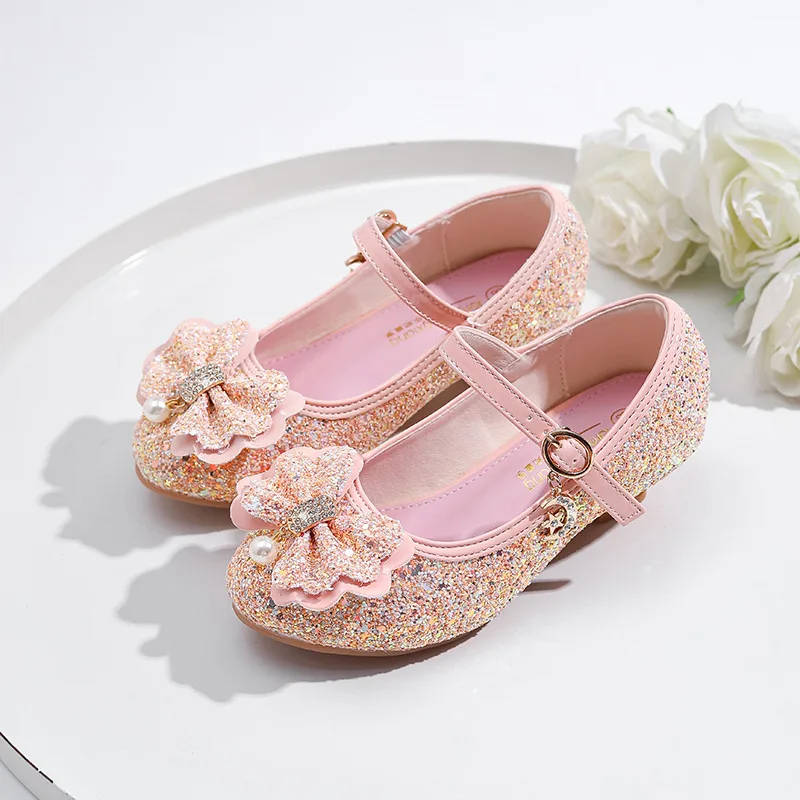 

Girls Crystal Princess Heels 2026 New Pink Bow Dress Pumps Block Heel Kids Catwalk Flexible Soft Sole Leather Shoes Pageant