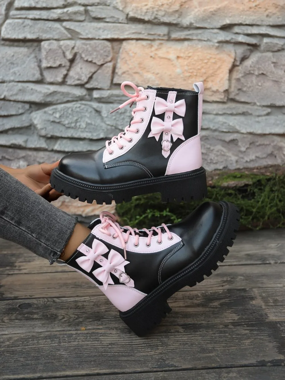 Süße Rosa Schleifenknoten-Stiefeletten in Mischfarben für Damen, Herbst 2026, mit Dicker Sohle, Schnürung, Candy-Punk-Stil und Metalldekoration, Größe 42 – Detail 26