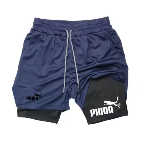 Printed 2-in-1 men's running shorts, gym performance compression shorts with phone pocket, towel loop, sportswear