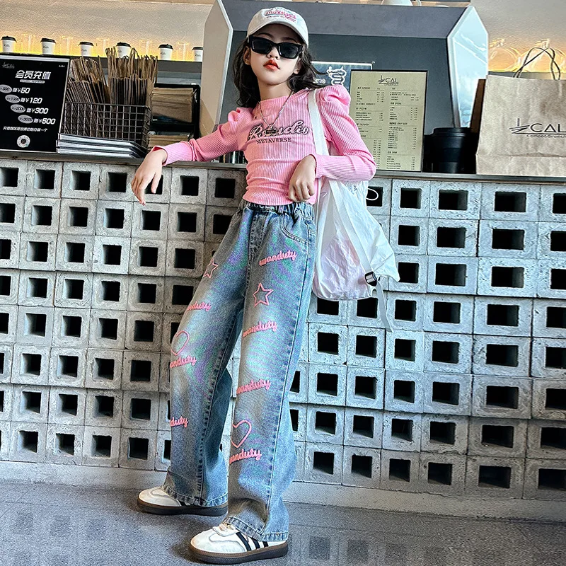 2025 spring winter Teenager Girls Denim Jeans Children stars STRAIGHT Pencil Pants 5 8 10 12 14 Years Baby lettersTrousers Kids