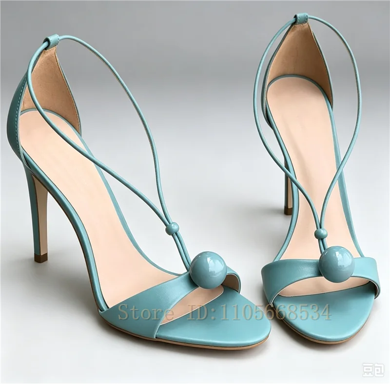 Fashion Women Open Toe Stiletto Sandals Thin T Strap Slingback with Round Bead Ornament Elegant Evening Party High Heel Shoes