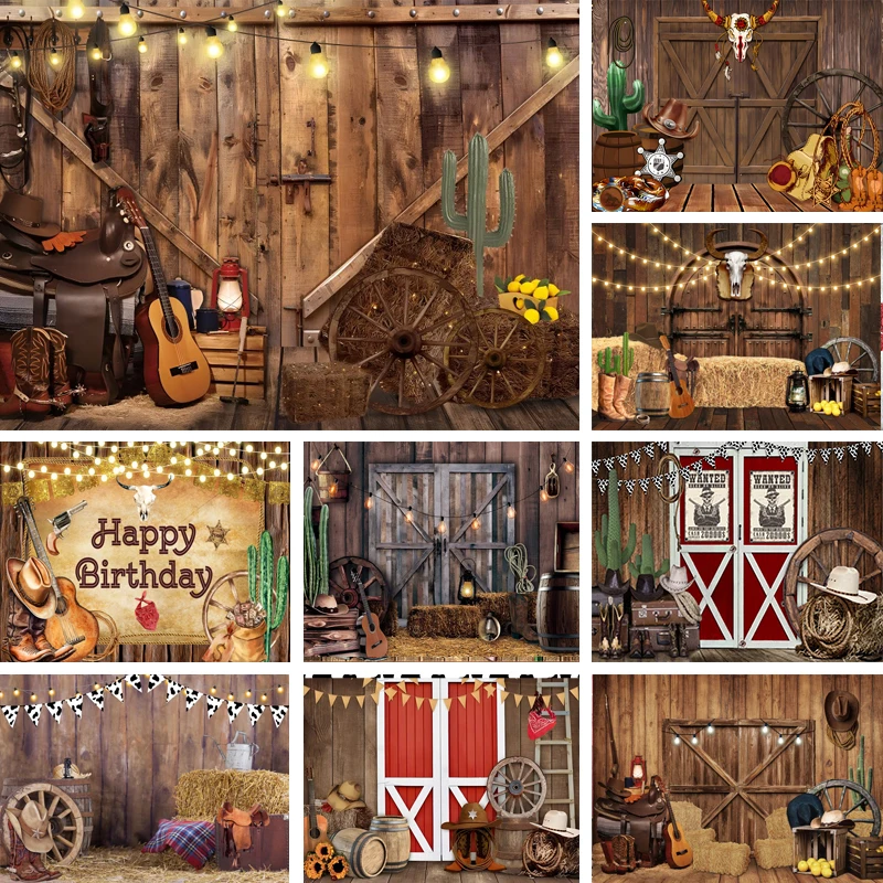 

Western Cowboy Backdrop Wild West Wooden House Barn Door Vintage Photography Background For Kids Birthday Party Banner Prop