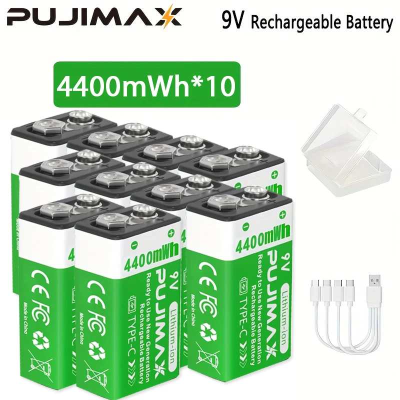 PUJIMAX USB 9V Oplaadbare Batterij 4400mWh Type-C Oplaadbare 6F22 9V Li-ion Batterij Voor RC Helicopeter Model Multimeter Speelgoed
