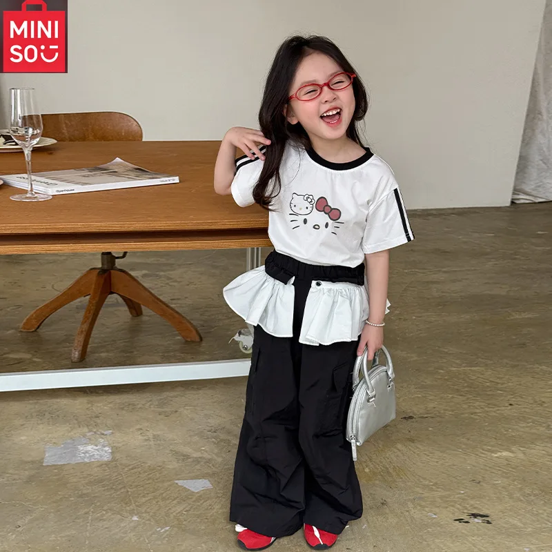 

MINISO, лето 2024, новинка для мальчиков и девочек, футболка KT Cat с короткими рукавами, рабочие штаны, детский комплект