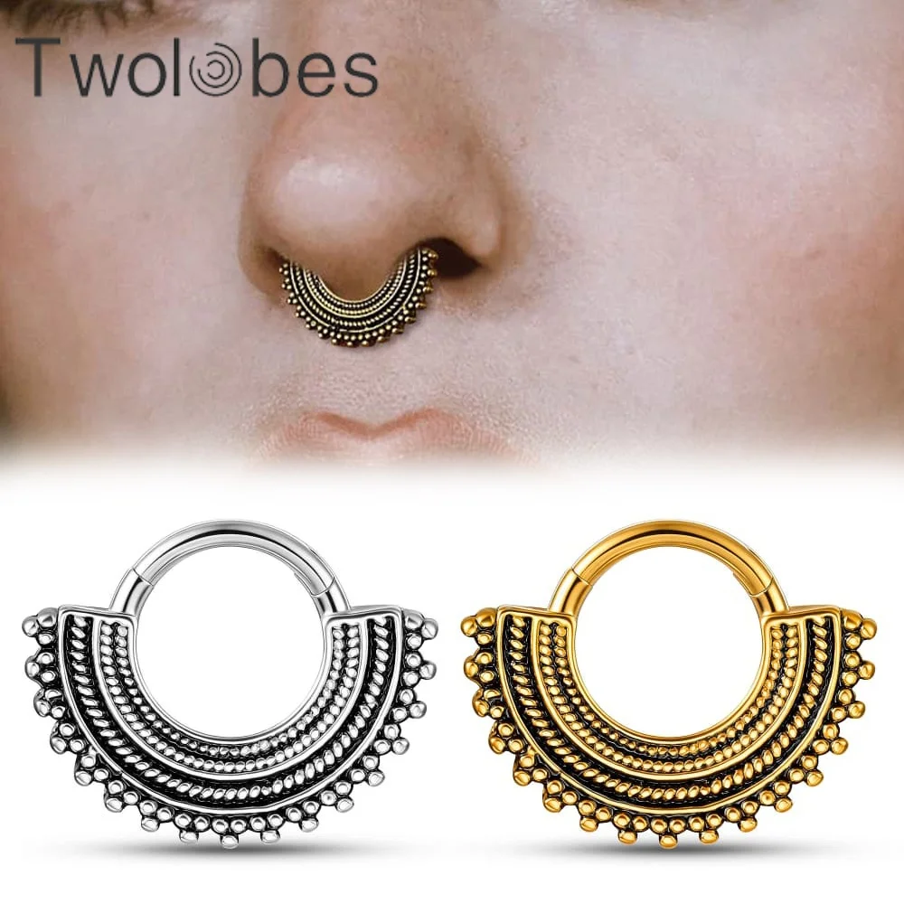 Twolobes 1PC Anneaux de nez en acier inoxydable motif fleur, Boucles d'oreilles créoles pour cartilage, Clickers de septum segmentés, Bijoux de piercing élégants pour mariage