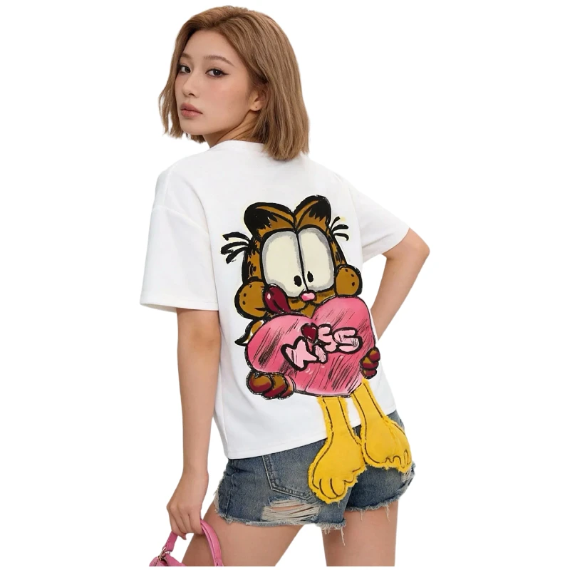 

Garfield animation cartoon cute retro American-style T-shirt kawaii girls summer new hip-hop embroidery short sleeve wholesale