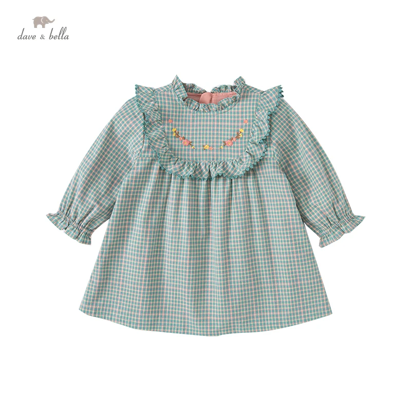 DB1220233 dave bella spring baby girls cute floral plaid print dress fashion party dress kids girl infant lolita clothes