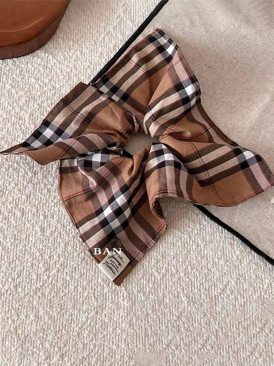 1PC Vintage British Style Checkered Square Hair Tie Fashion Button Elastic Rubber Band for Low Ponytail Versatile Headwear image 6