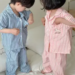 Children Summer Clothing Set Korean Boy Girl Fashion Striped Cotton Pajamas Kids Brief Soft Breathable Homewear Clothes