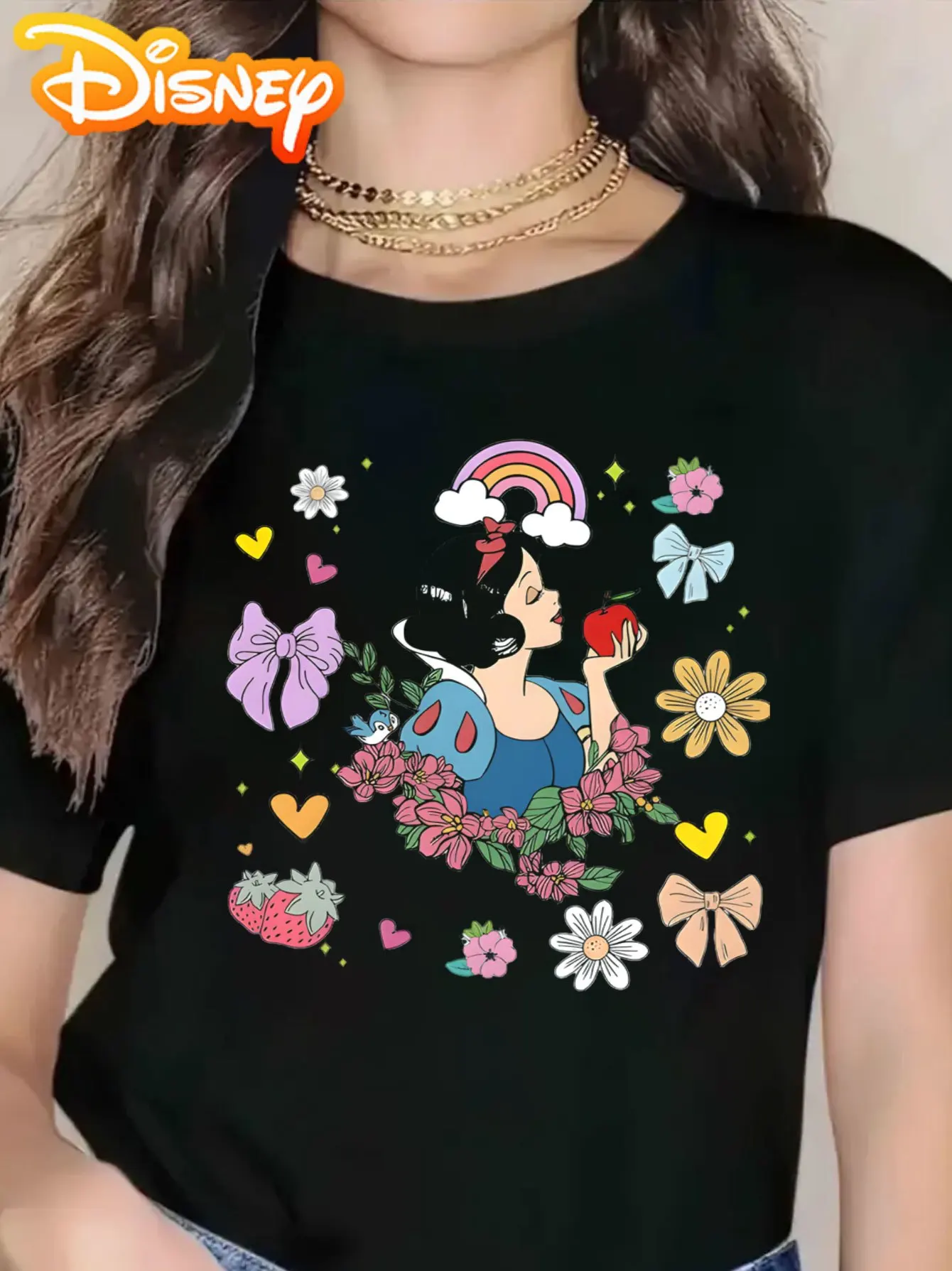 

Disney Princess and Rainbow Flower Pattern T-shirt - Casual Short Sleeve Top with Vibrant Geometric Print for Daily Wear