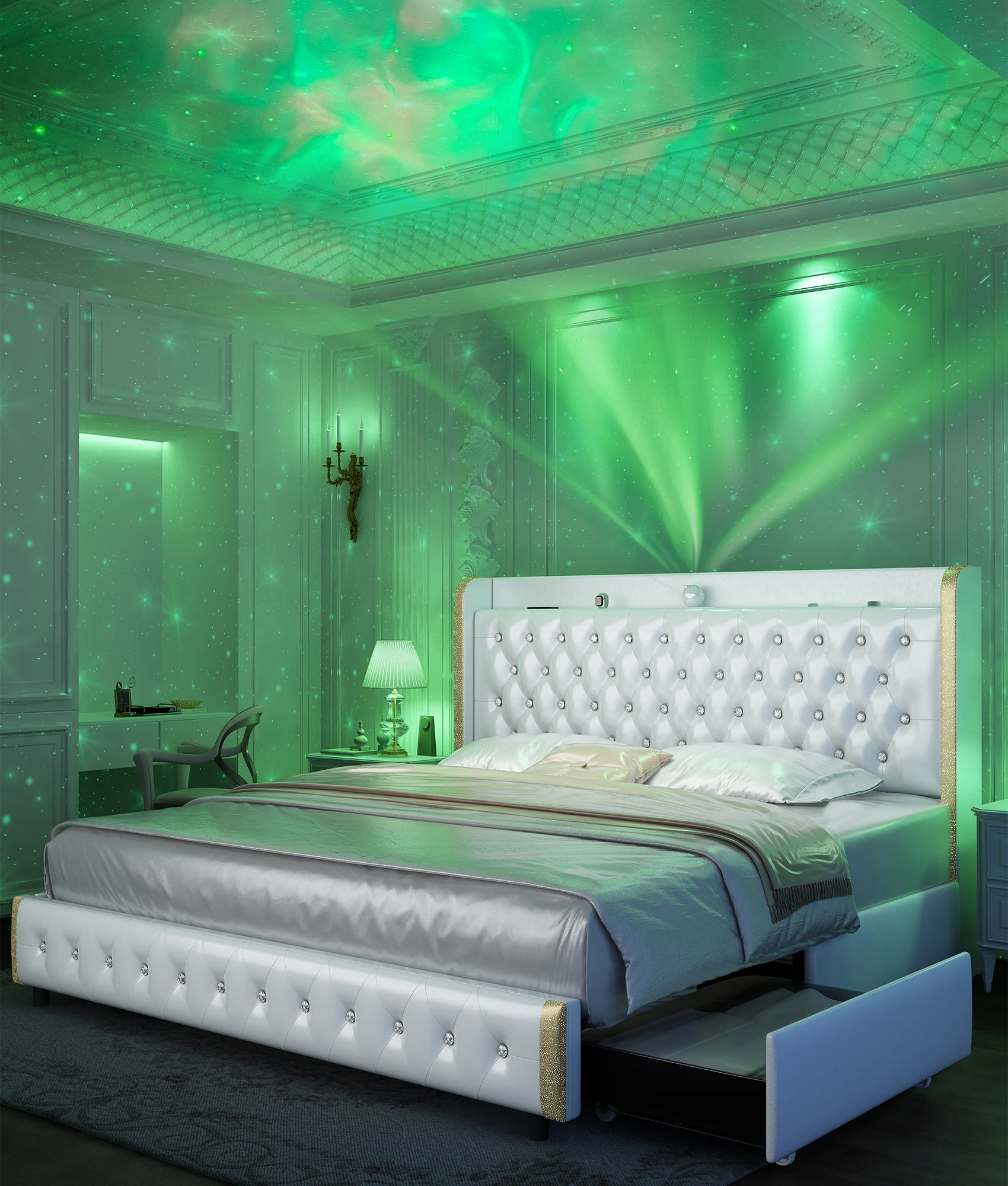 إطار سرير GEGOFORU Queen LED مع جهاز عرض Galaxy، مكبر صوت بلوتوث، منافذ USB، 4 أدراج، لا حاجة إلى صندوق زنبركي، أسود PU