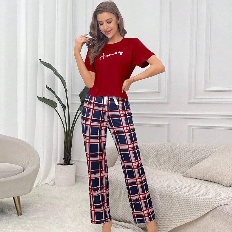 Women Pajama Set Super Soft Cotton Short Sleeve Pink Tops With Long Pants  Two Pieces High Quality Sexy Lingerie Homewear Set