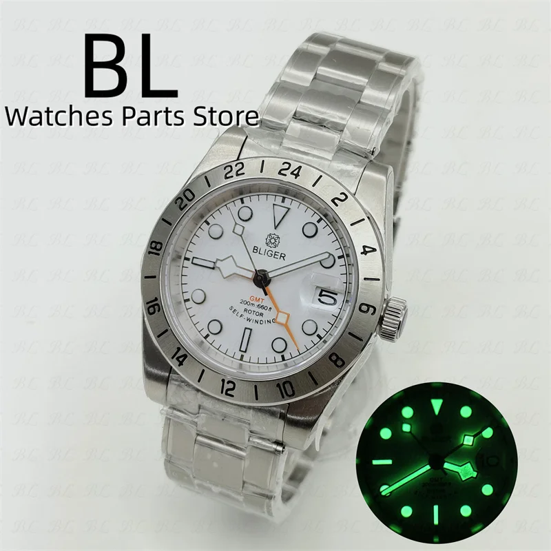 

BLIGER 39.5mm GMT Watch NH34 Automatic Mechanical Stainless Steel Sapphire Black White Dial Orange GMT Green Luminous Waterproof