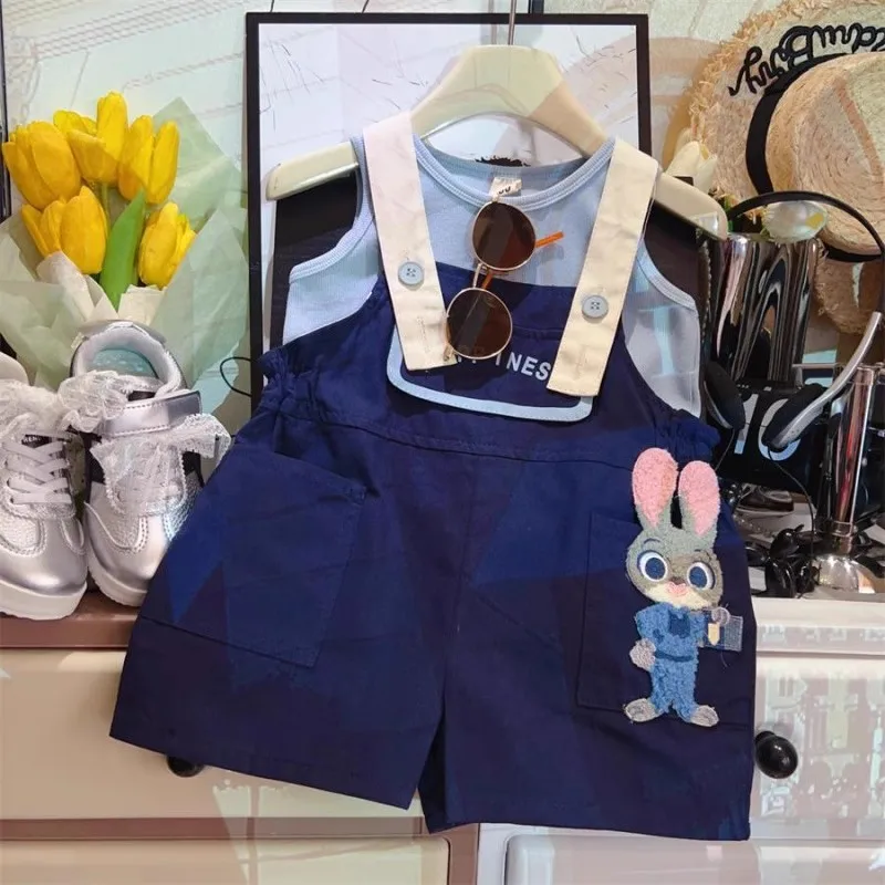

TOY-Girls Bunny Officer Set2025Summer New Children's Stylish Cute Cartoon Vest and Overalls Two-Piece Set