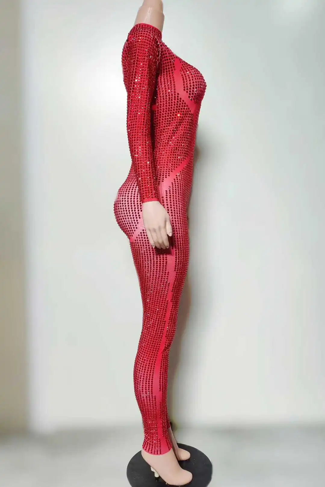 Combinaison luxueuse à strass rouges pour femmes, Sexy, extensible, Costume de danse, discothèque, chanteur, vêtements de scène, combinaison de séance photo