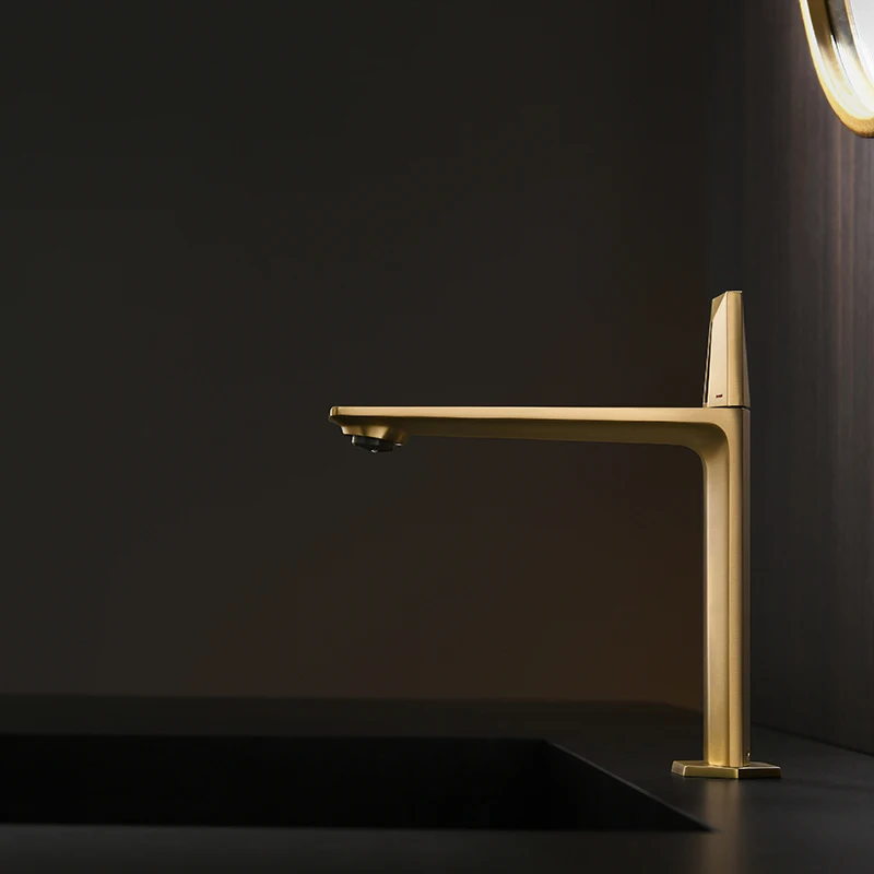 #￥Luxury Bathroom Faucet Deck Mounted Single Handle Wash Basin Faucet Brushed Gold Brass Vanity Faucet