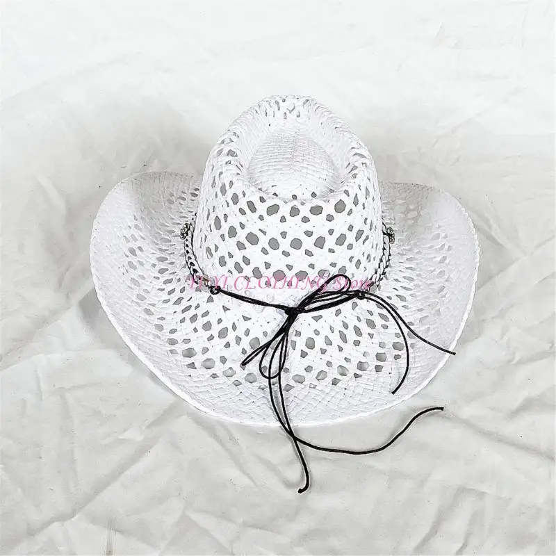 N5KF Lightweight Openwork Braided Sun Hat Wide Brimmed Paper Straw Cowboy Hats Summer Beach Accessories For Outdoor Travel