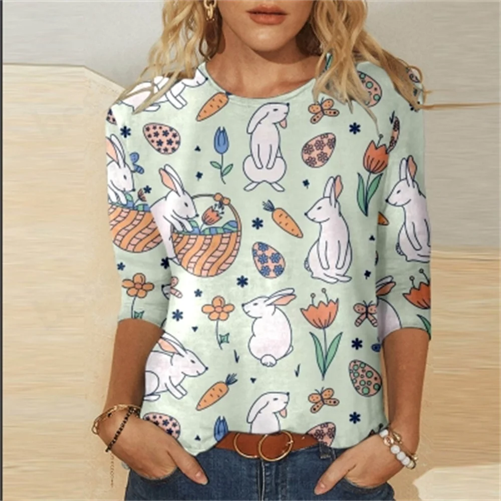 

Ladies Casual Printed round Neck Cropped Sleeve T-shirt Cute Top for Women