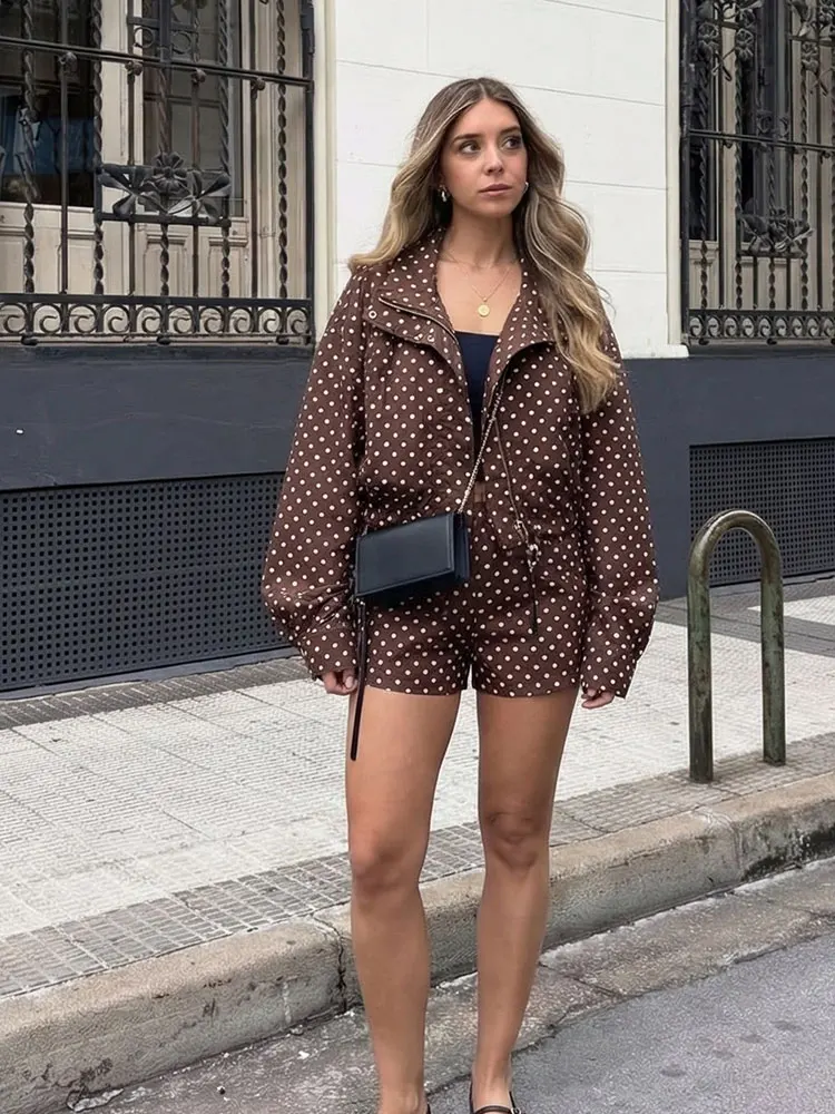 HH Women Fashion Polka Dot Coat Shorts Set Turtleneck Long Sleeve Zipper Jackets Slim Shorts Elegant Woman High Street Outfits