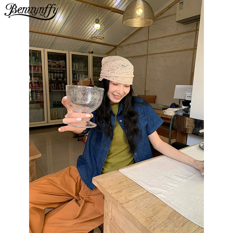 

Benuynffy Streetwear Vintage Short Denim Shirts Women 2026 Summer New Fashion Korean Short Sleeve Casual Button Down Blouses Top