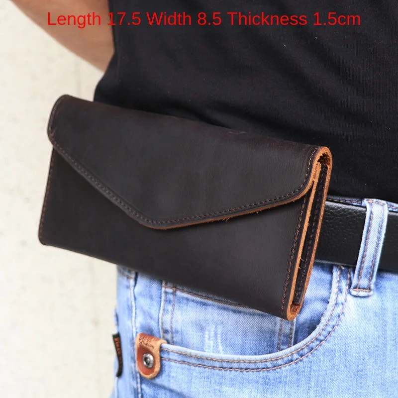 

New Crazy Horse Men's Mobile Phone Bag pouch Leather Long Wallet Retro Horizontal Wear Belt Cowhide Bag men's belt bag