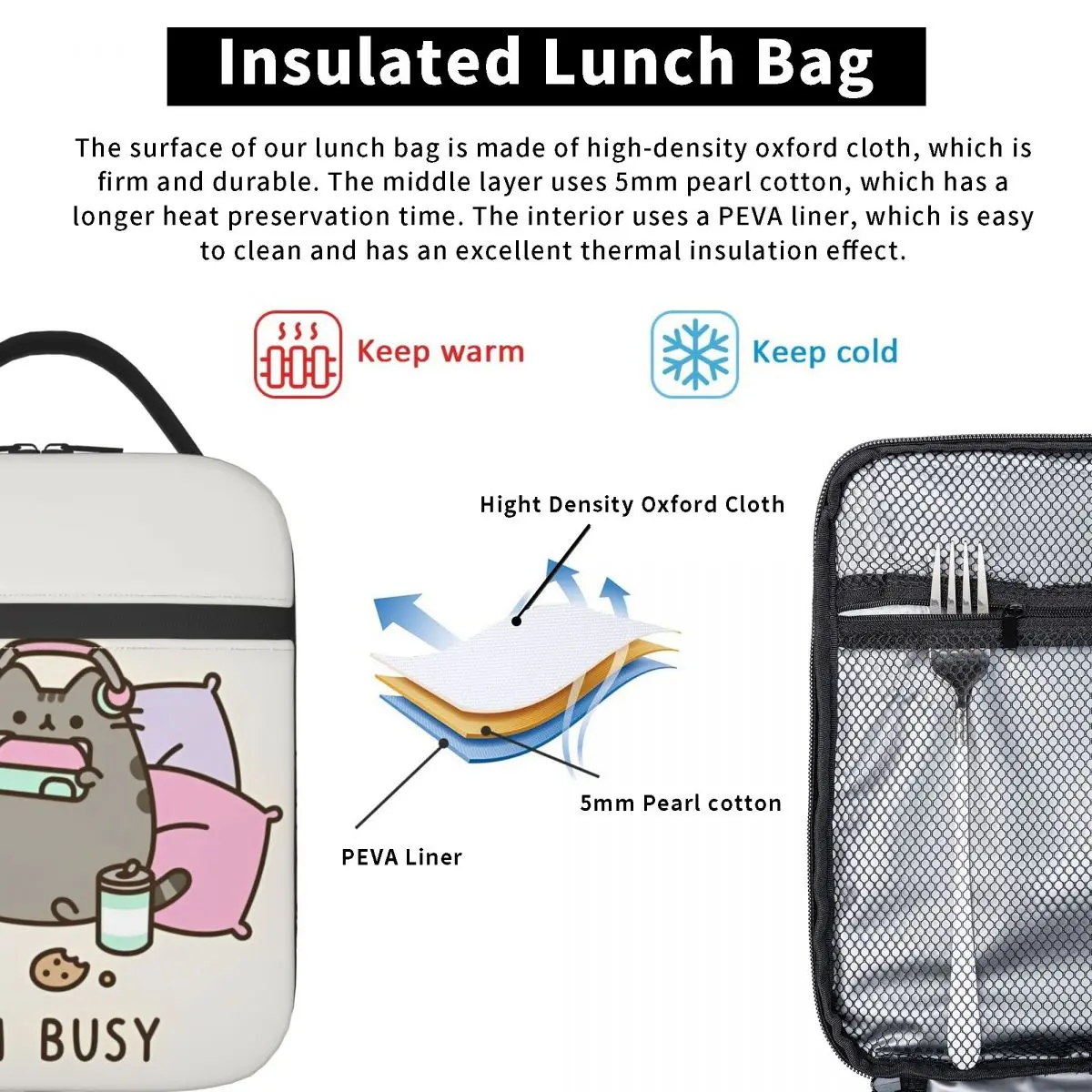 Estou Ocupado-Isolados Lunch Bags, Alta Capacidade, Kawaii Pusheenns, Lunch Container, Saco Térmico, Lunch Box, Tote, Escritório, Ao ar livre, Menina, Menino