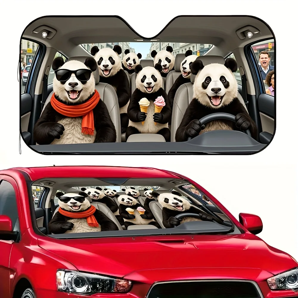 

1pc Panda Joyride Design Car Sunshade - Foldable, Stylish Panda Family Illustration, Keeps Your Car Cool, Easy To Install With 4