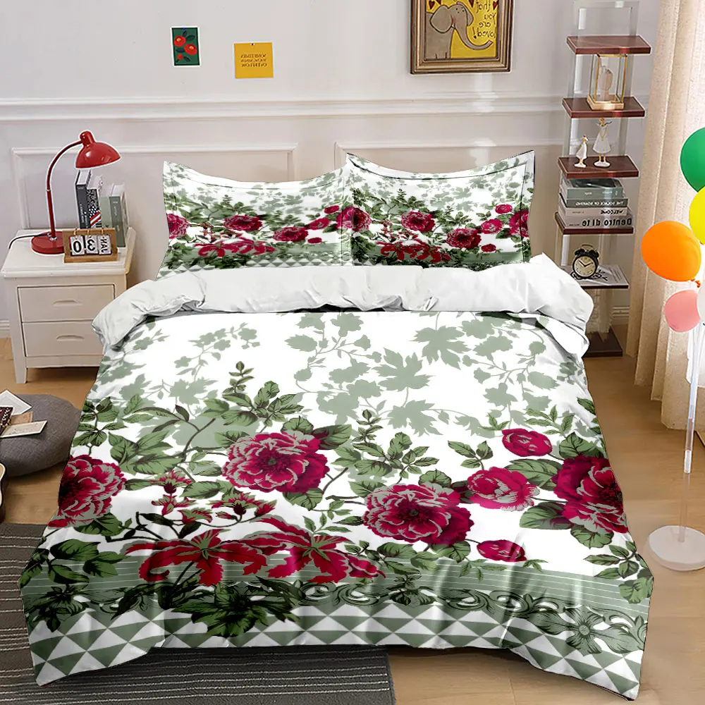 Red roses and green leaf patterns Print Bedding Set 1 Duvet Cover 2 Pillowcases for Adult and Children Luxury Gift Full Size