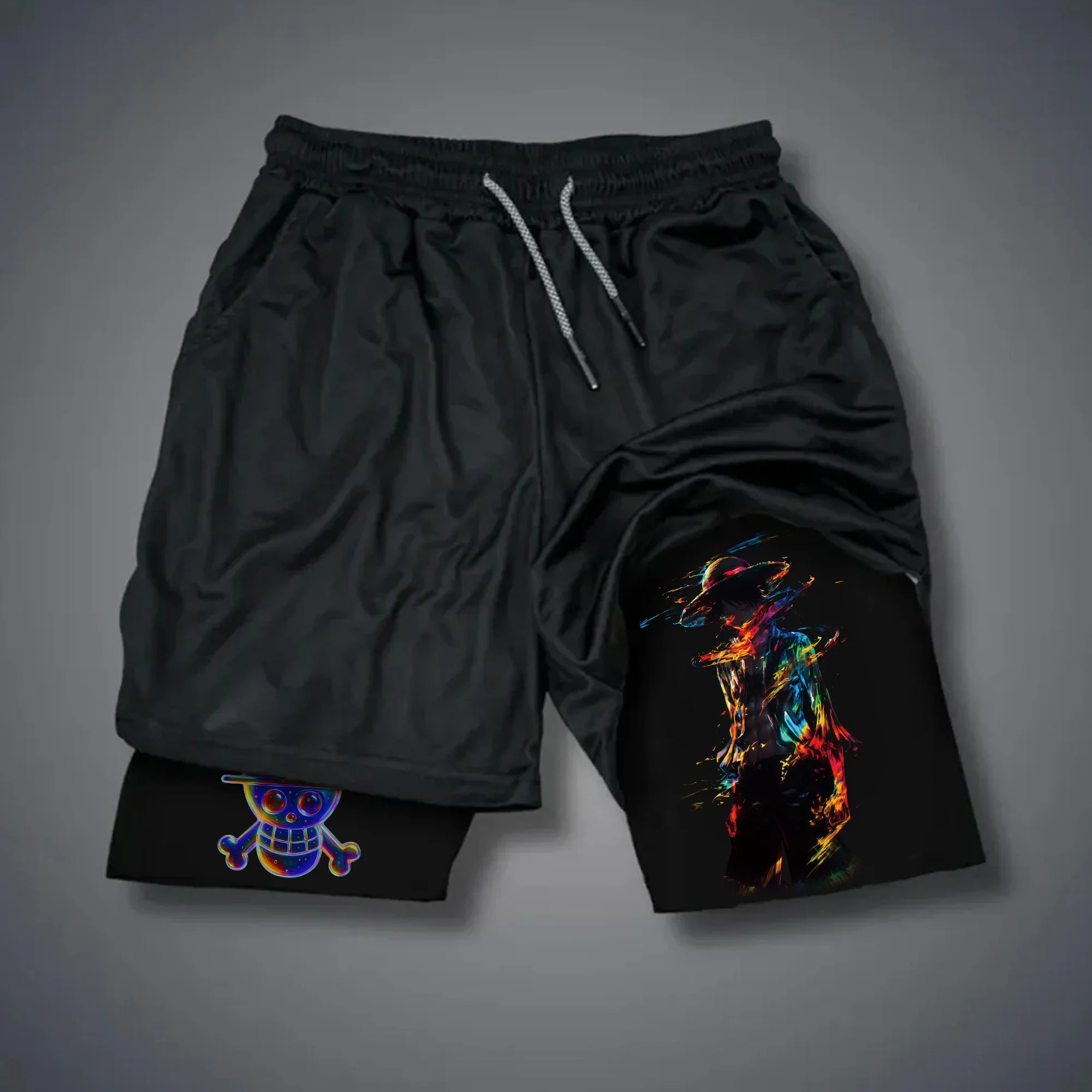 Shorts de sport double couche effet deux pièces Monkey D. Luffy Anime One Piece 2026 – Séchage rapide, confortables et légers pour l'été