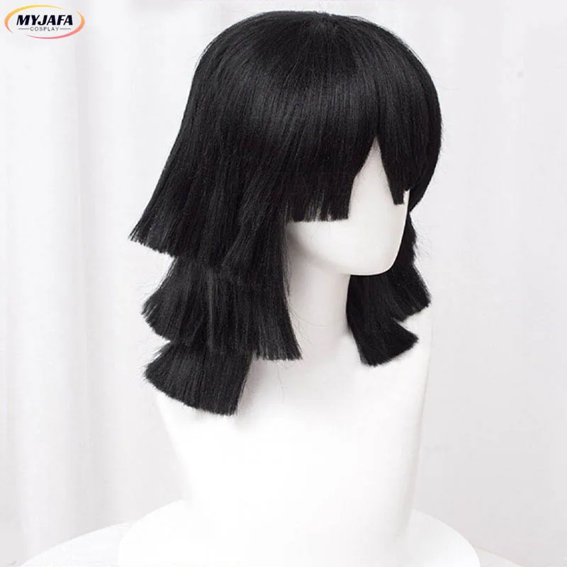 Perruque de Cosplay Obanai Igflats de Haute Qualité, Cheveux Courts Noirs de Style Anime avec Bonnet