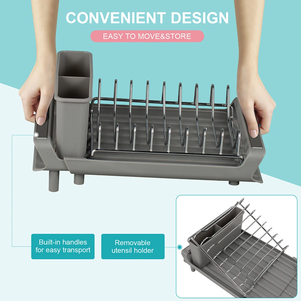 Extendable Dish Drying Rack With Draining Tray Rustfree Rack For 8 Plates With 2 Utensil Holder Kitchen Countertop Storage Rack