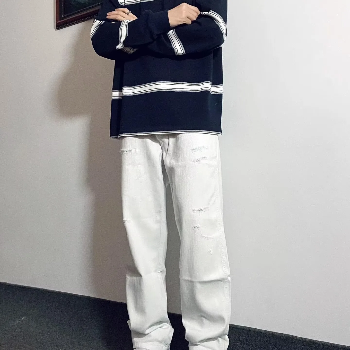 

Мужские джинсовые джинсы больших размеров, прямые модные свободные широкие длинные брюки, осень-зима, High Street Hole, американский Sle