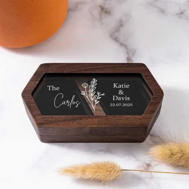 1pcs Free Personalized Walnut Wooden Ring Box Custom Engraved Engagement For Wedding Ring Holder Gift for Couples Brides Grooms