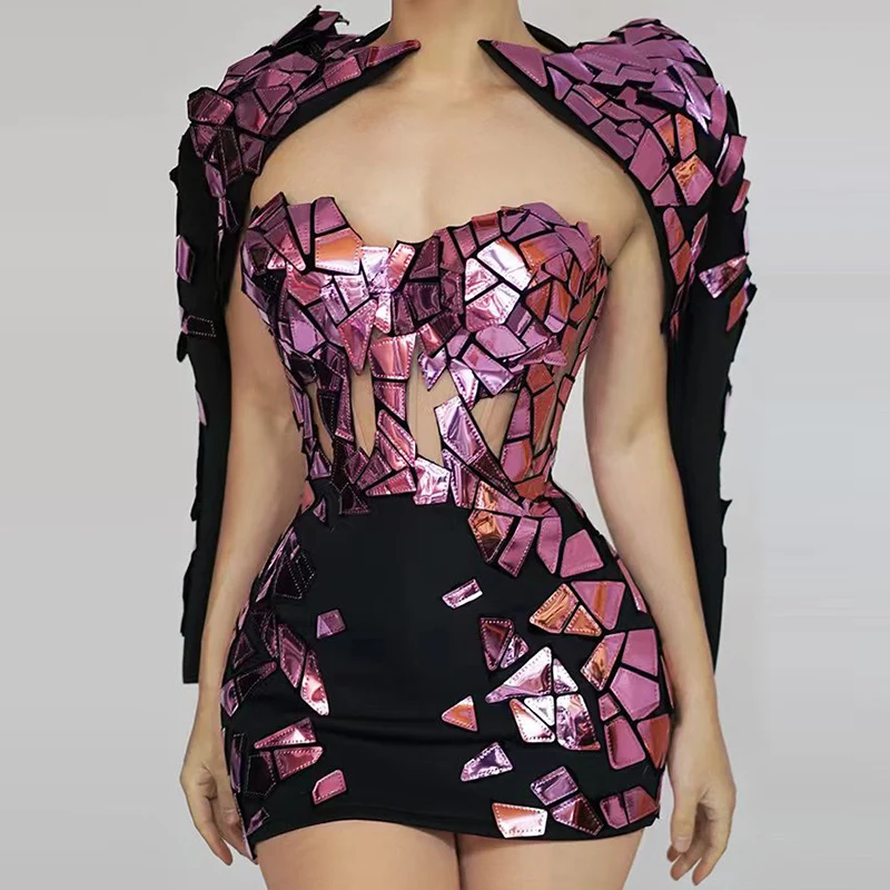 Nightclub Bar Gogo Dancer Clothing Singer Pink Mirror Costume Drag Queen Outfit Birthday Party Dresses Dj Ds Rave Outfit yj752