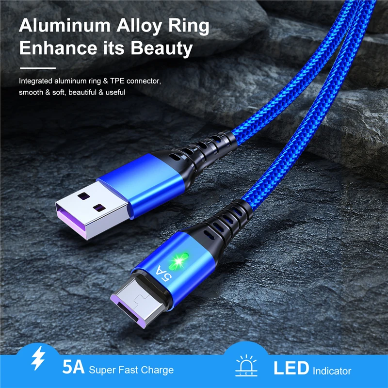 lovebay 5A Micro USB Cable 3m/2m Nylon Rope Fast Charging Wire for Samsung Xiaomi Huawei Android Phone Data Transmission Cable