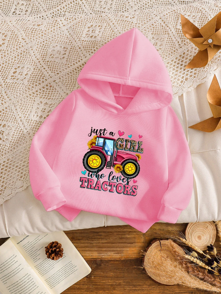 Kids Girls Tractor Graphic Printed Hoodie Loves Tractors Leopard Letter Sweatshirt Loose Hooded Jumper Autumn Clothes