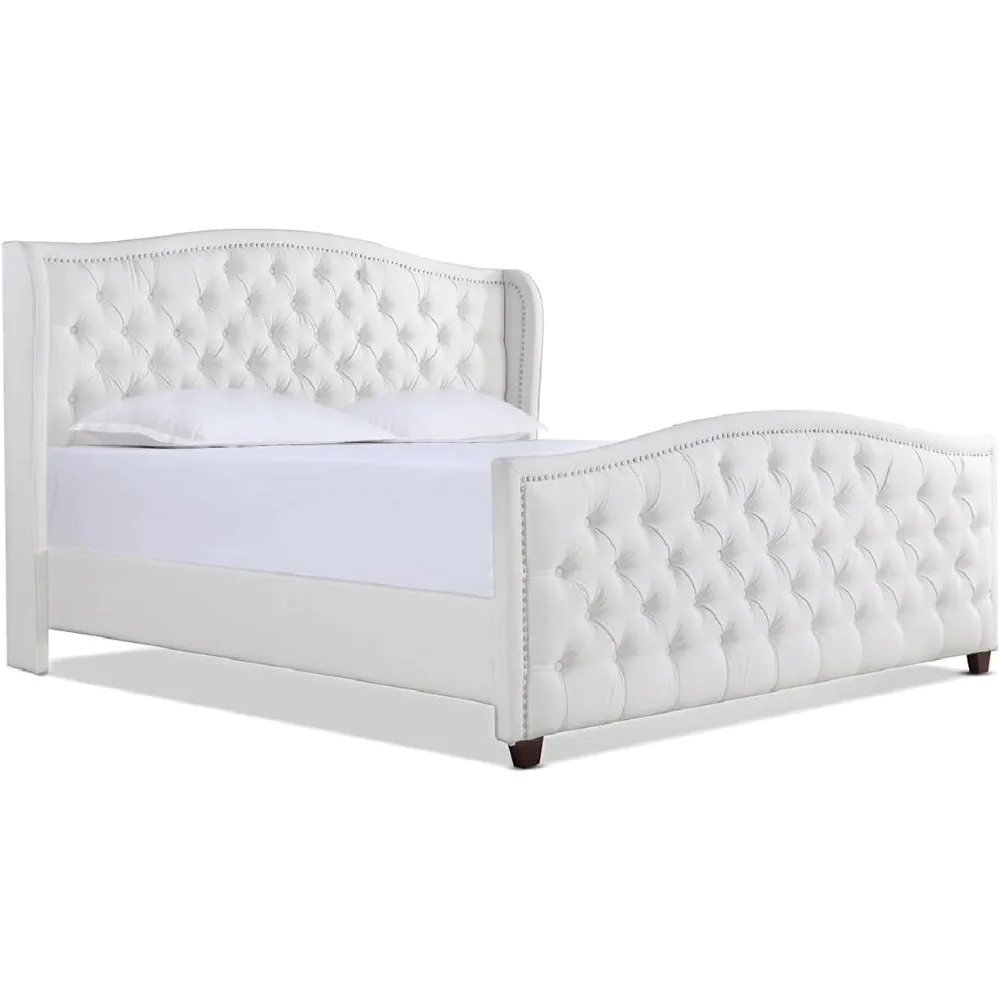 Marcella Upholstered Shelter Headboard Bed Set, King, Bright White Polyester